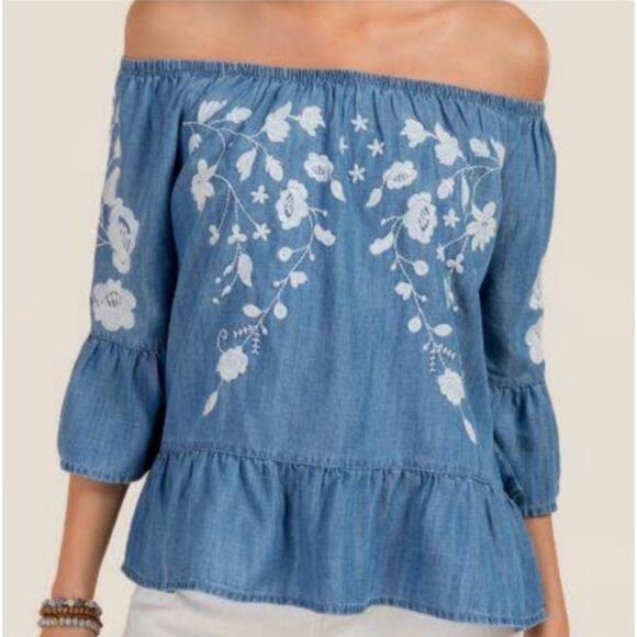 Blue Rain Top Women X Small Blue Chambray Floral Embroidered Off Shoulder - Picture 1 of 8